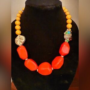 Vibrant Vintage Orange and Yellow Beaded Necklace With Gold Accents